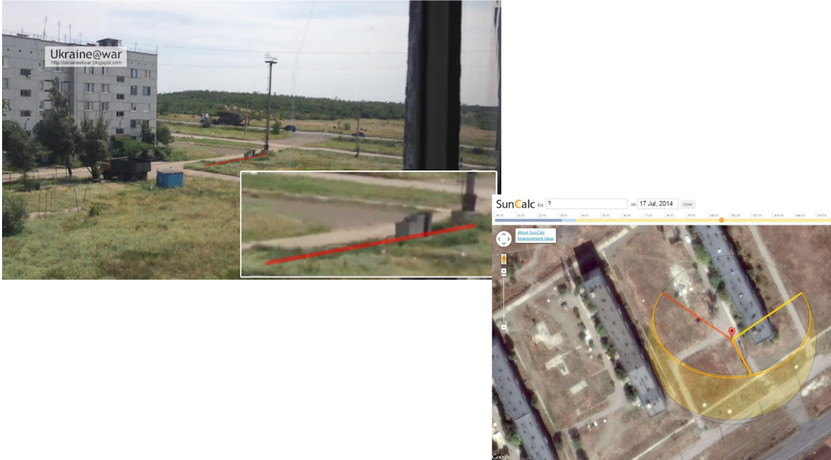 A composite image showing a still from a citizen's video recording of a military convoy on a road in Ukraine, alongside a technical analysis screenshot from the Bellingcat investigation.