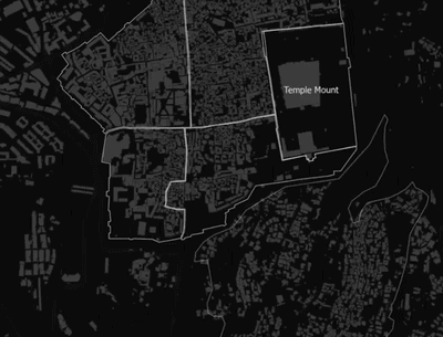 Researcher dialogue overlay on surveillance-camera-mapped East Jerusalem streetscape.